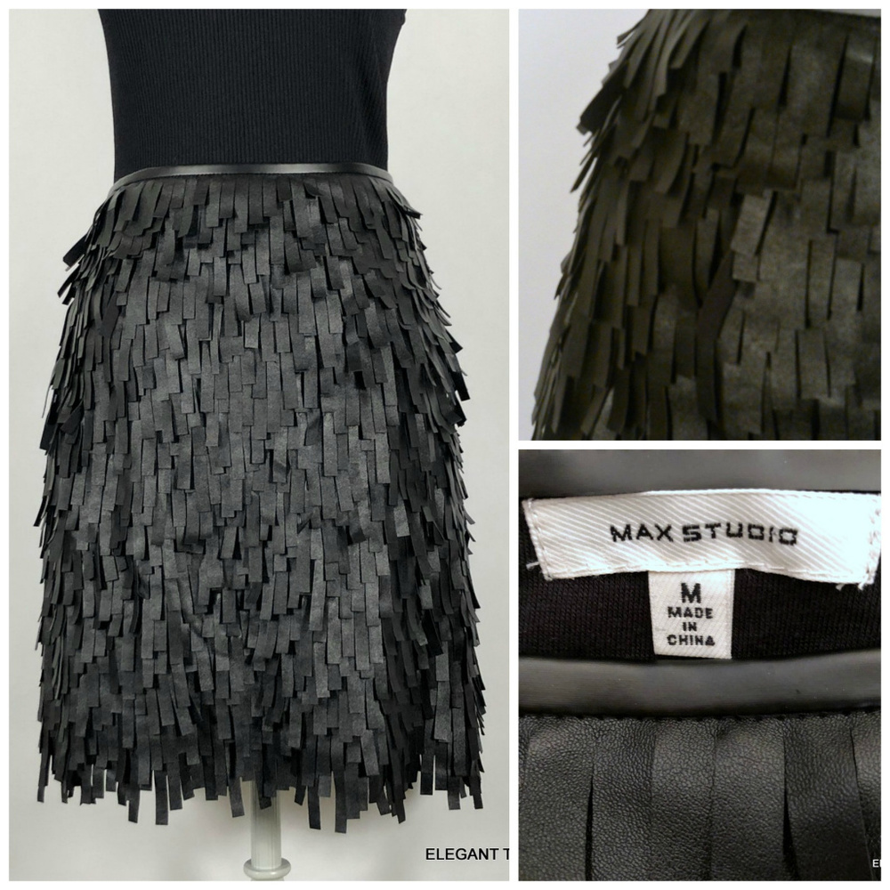 MAX Studio Black Fringed Leather Look A-Line Fun Knee length Skirt M